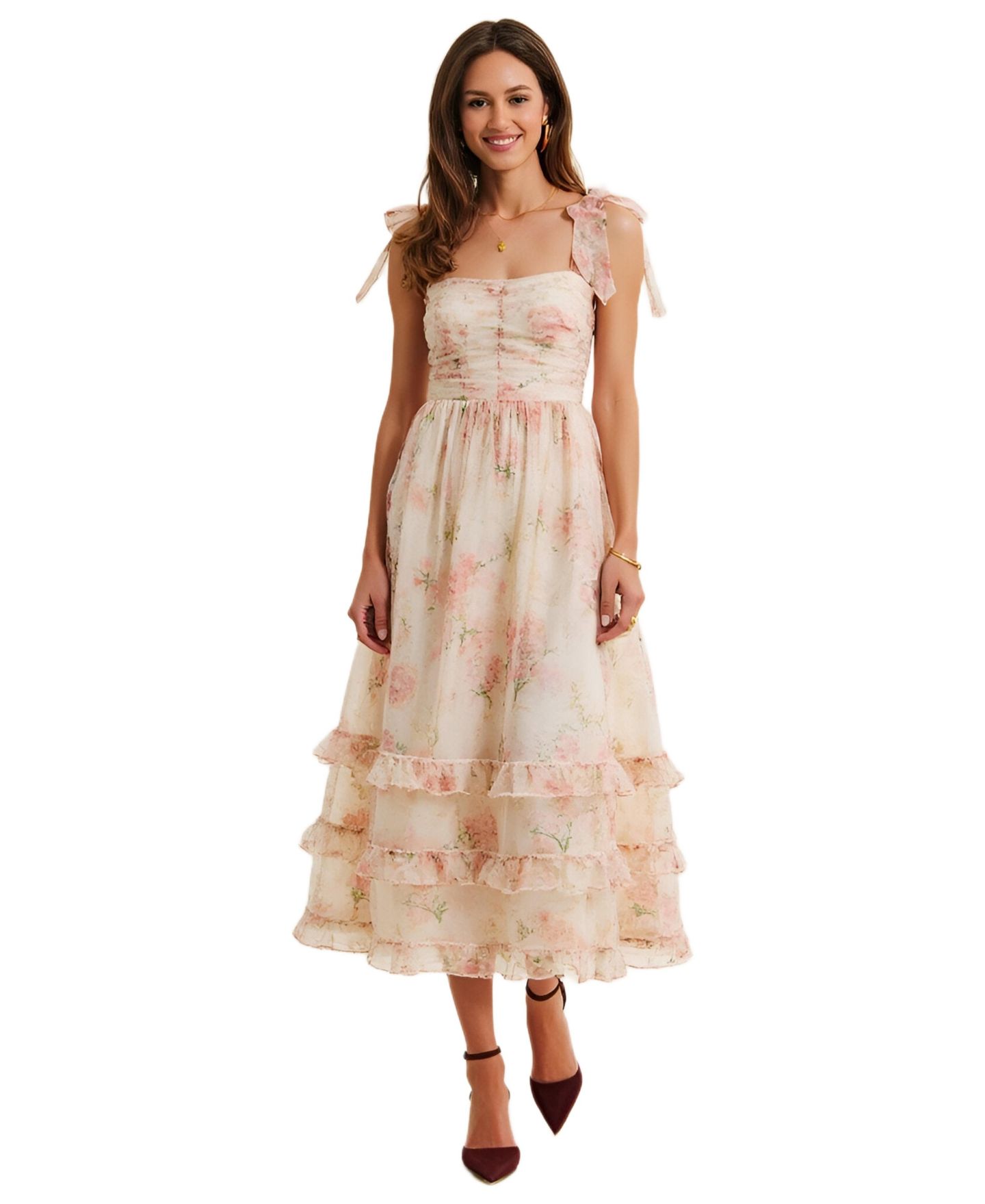 Женское платье Modenaire Floral Tiered Ruched Bodice Tie-Shoulder Midi, цвет: Кремовый розовый с принтом — фото 1