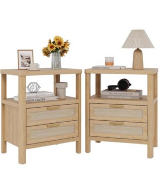 Rattan Nightstands Set of 2, Large Nightstands with Drawers and Storage Shelf, Farmhouse Bedside Table, Wood