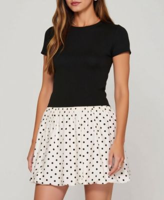 Women's Fitted Knit Bodice Polka Dot Bubble Skirt Dress