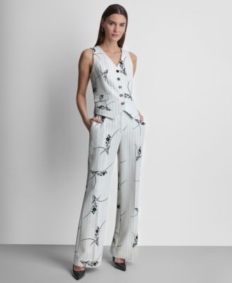 Women's Pinstripe Floral Mid-Rise Flared Pants