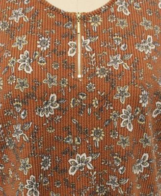 Plus Size Boho Floral Rib Zip Front Dolman Top