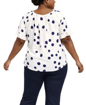 Plus Size Polka Dot Crinkle Knit Button Front Ruffle Sleeve Top