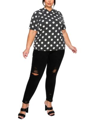 Plus Size Polka Dot Double Knit Hoodie Short- Sleeve Elastic Hem Top