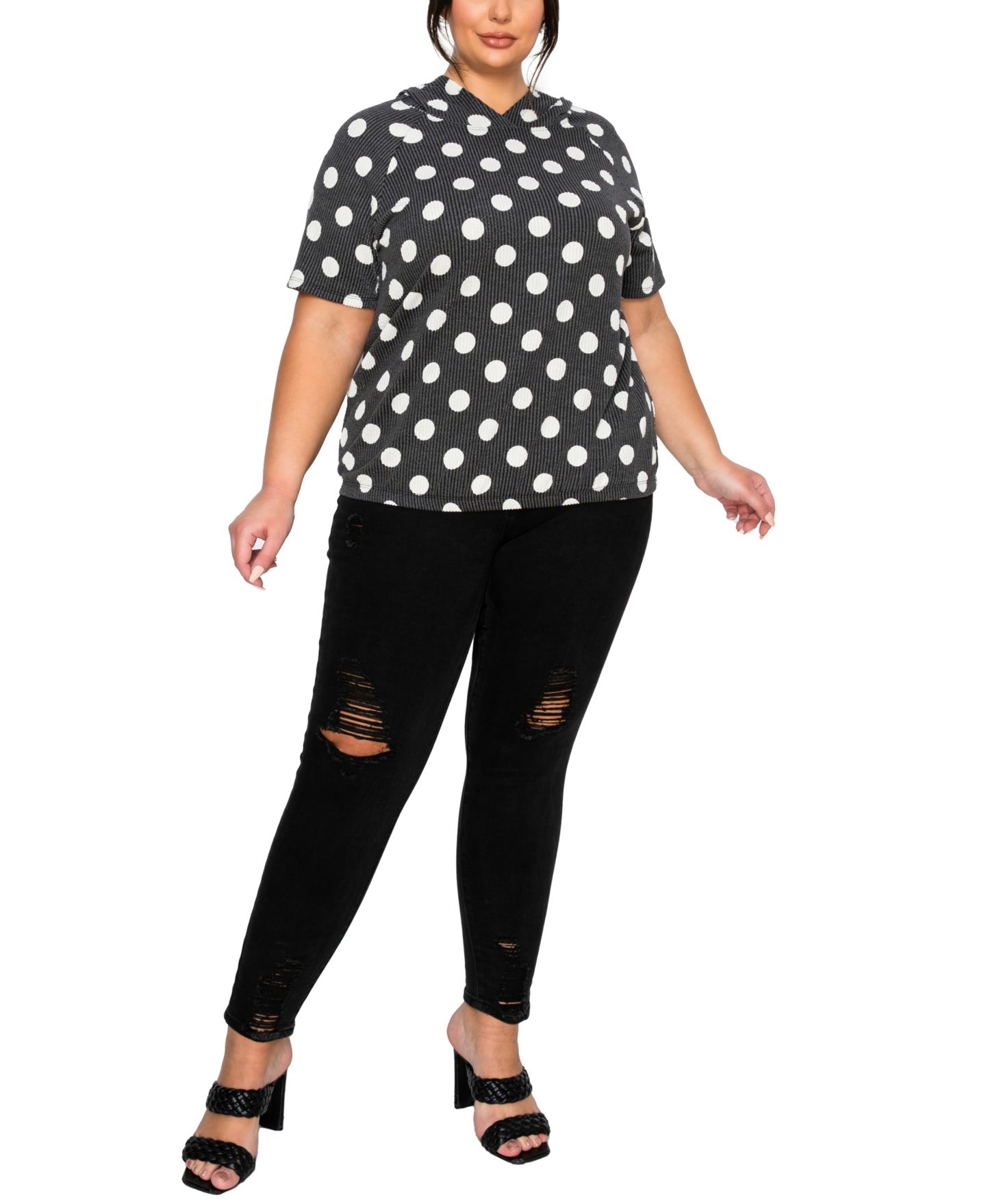Женское худи COIN 1804 Plus Size Polka Dot Double Knit Short- Sleeve Elastic Hem Top, цвет: Чёрный / Белый — фото 2