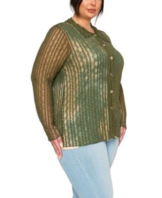 Plus Size Vertical Floral Stripe Lace Button Front Shirt