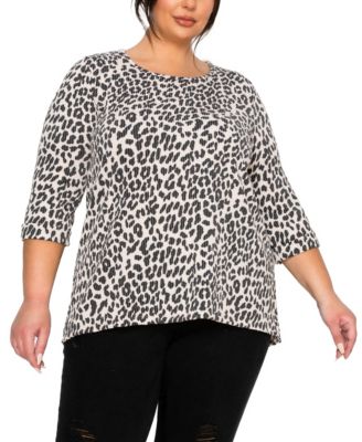 Plus Size Animal Double Knit Textured Button Back 3/4 Rolled Sleeve Top