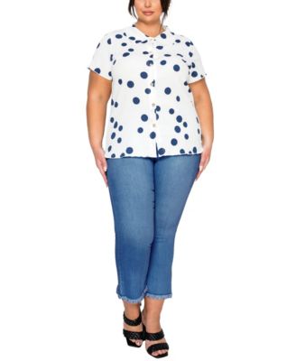 Plus Size Polka Dot Crinkle Knit Button Short-Sleeve Button Shirt