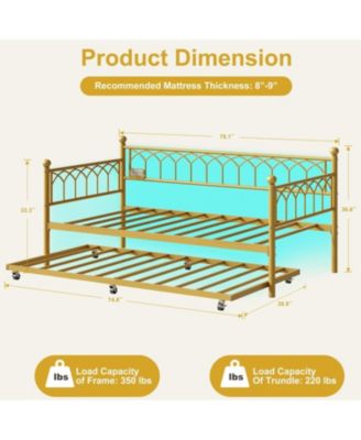 Twin Daybed with Pull-Out Trundle, LED Lights & Charging Station, Metal Sofa Bed,