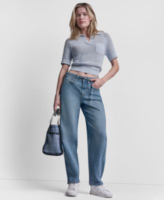 Women's Mid-Rise Forward Seamed Barrel Jeans With Self Belt