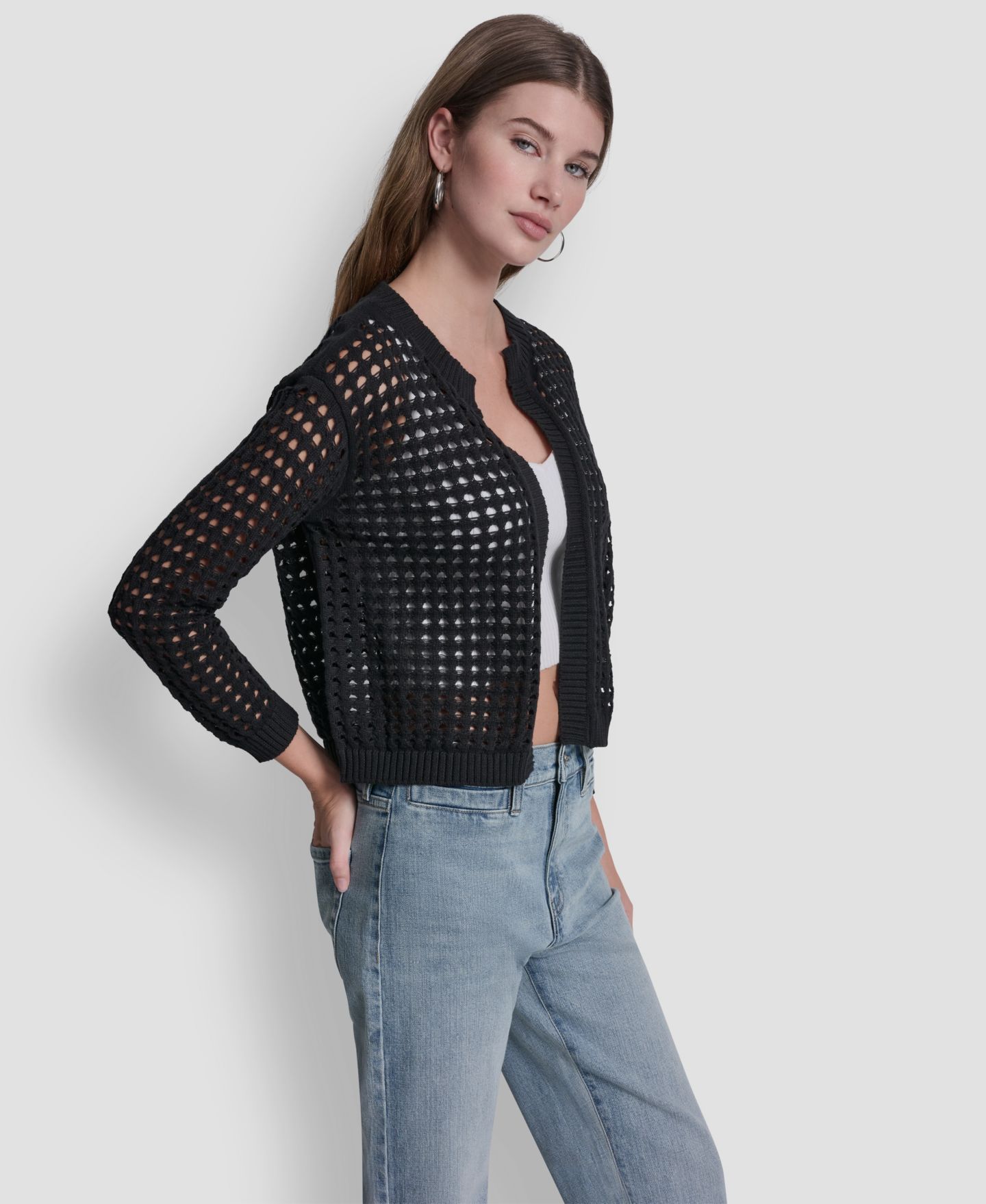 Женский кардиган DKNY Jeans Petite Open-Stitch Drop-Shoulder Cardigan, цвет: Чёрный — фото 2