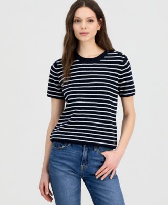 Women's Crewneck Short-Sleeve Striped Sweater