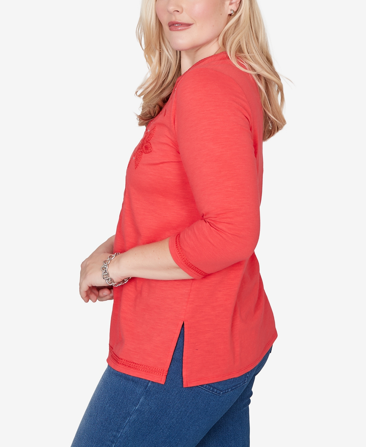 Alfred Dunner Petite Port Side Tonal Embroidered Split Neck Top