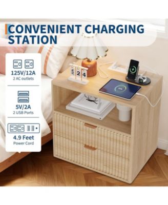 Fluted Farmhouse Night Stand with Charging Station, 23" Mid-Century Modern Nightstand, 2 Drawers End Table, Wood