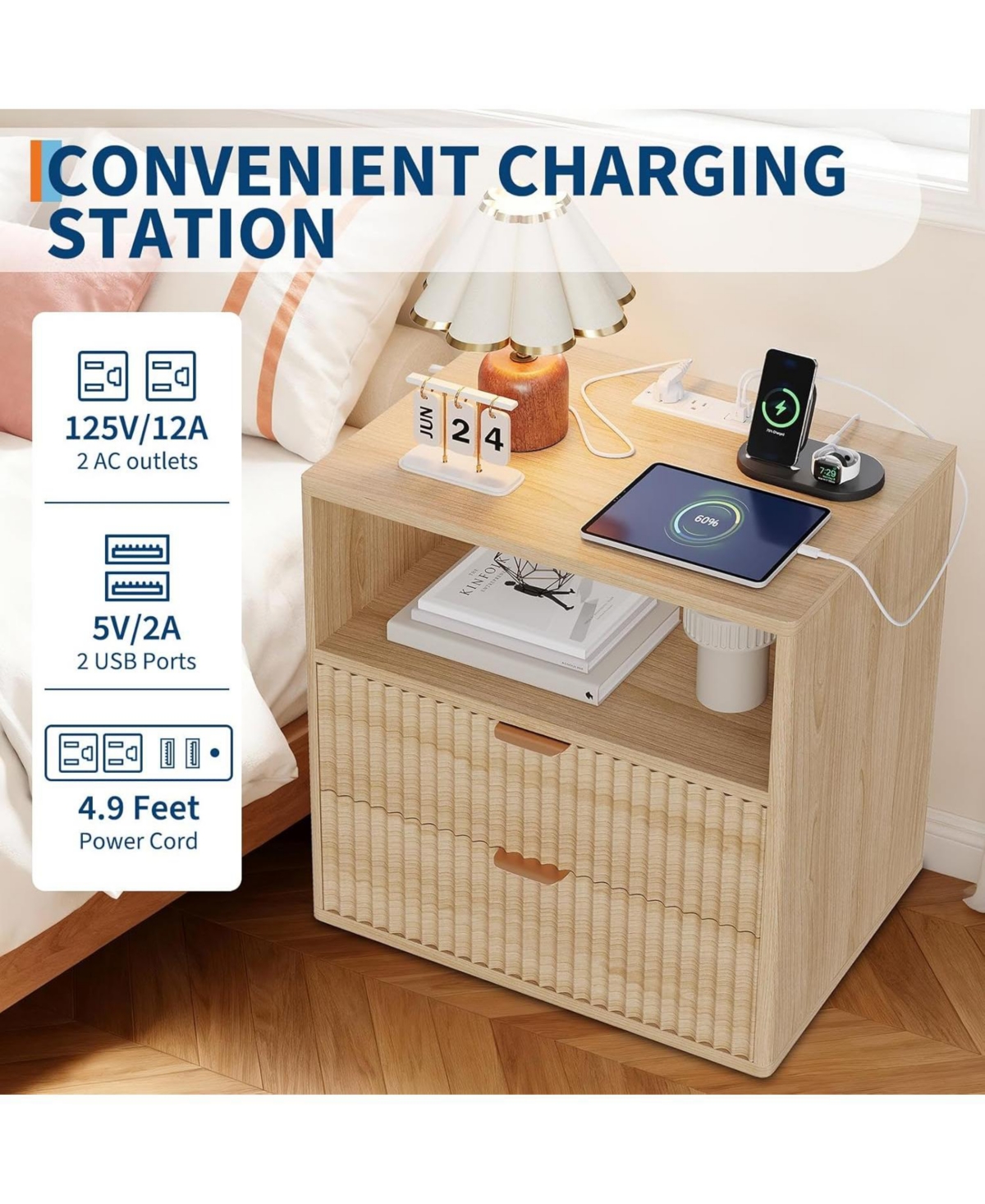 Gaomon Fluted Farmhouse Night Stand with Charging Station, 23" Mid-Century Modern Nightstand, 2 Drawers End Table