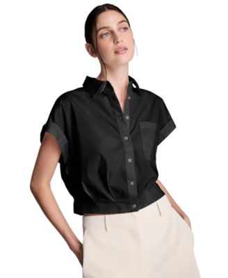 Women's Button Front Collared Cropped Shirt