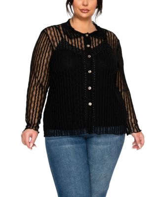 Plus Size Vertical Floral Stripe Lace Button-Front Shirt