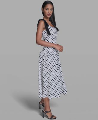 Women's Sleeveless Polka Dot Bow Strap Midi Dress