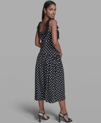 Women's Sleeveless Polka Dot Bow Strap Midi Dress