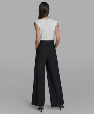 Women's Sleeveless Mixed Media Bow Bodice Jumpsuit