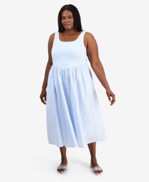 Женское платье On 34th Trendy Plus Size V-Waist Mixed-Media Midi, цвет: Бриллиантовый синий