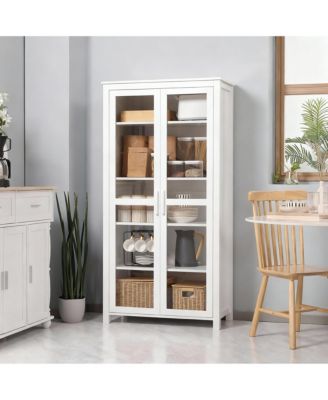 White 63" Kitchen Pantry Cabinet with 2 Glass Doors & 2 Adjustable Shelves
