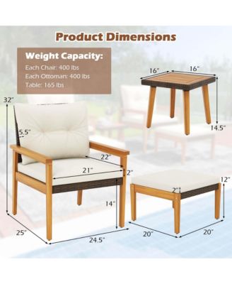 5 PCS Rattan Furniture Set Wood Frame Chairs & Ottomans with Square Coffee Table