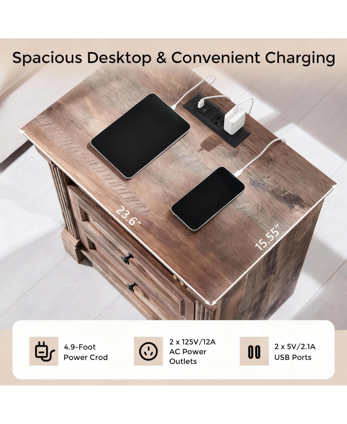 Yigii Farmhouse Nightstand with Charging Station and Roman Columns