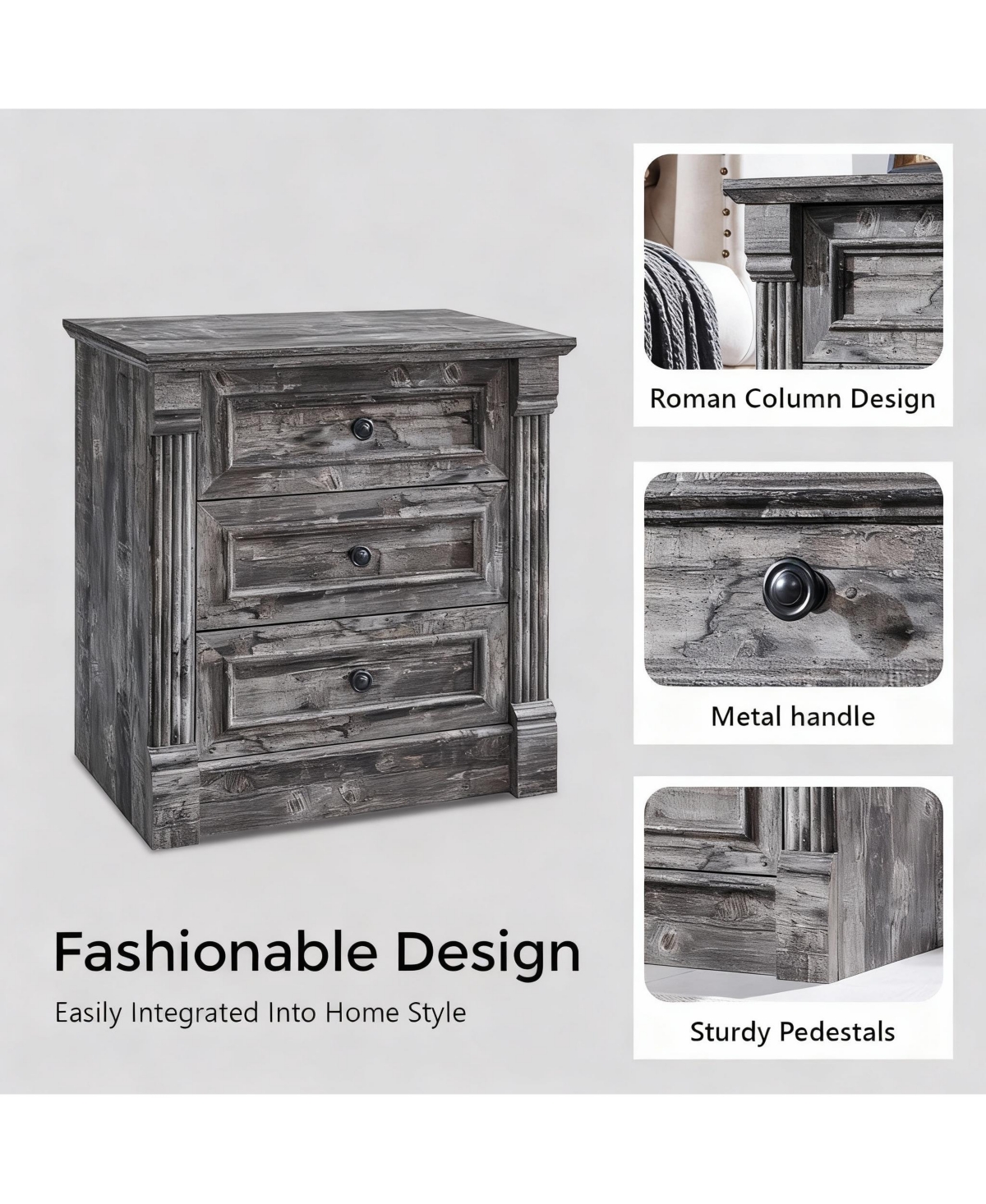 Yigii Farmhouse Nightstand with Charging Station and Roman Columns