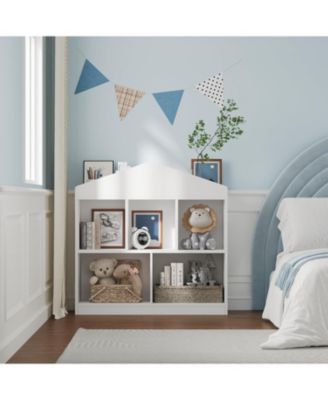 5-Cubby Kids Bookshelf – White Wooden Toy Storage Organizer, Toddler Bookcase and Playhouse Cabinet Shelf for Playroom, Nursery