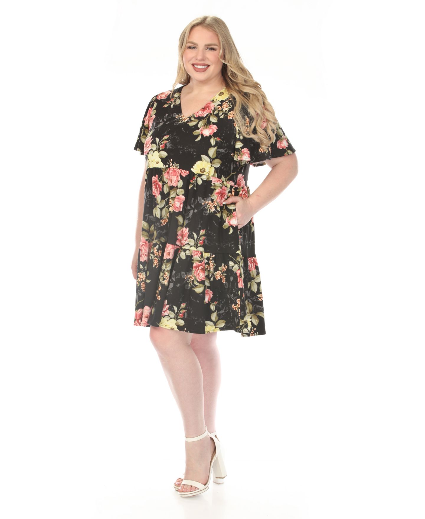 Женское платье White Mark Plus Size V-Neck Tropical Flower Short-Sleeve Dress, цвет: Чёрный / Красный — фото 2