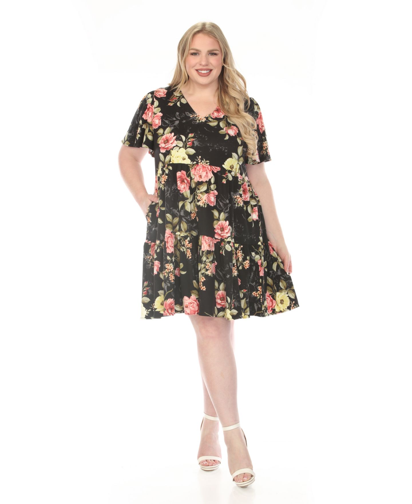 Женское платье White Mark Plus Size V-Neck Tropical Flower Short-Sleeve Dress, цвет: Чёрный / Красный — фото 3