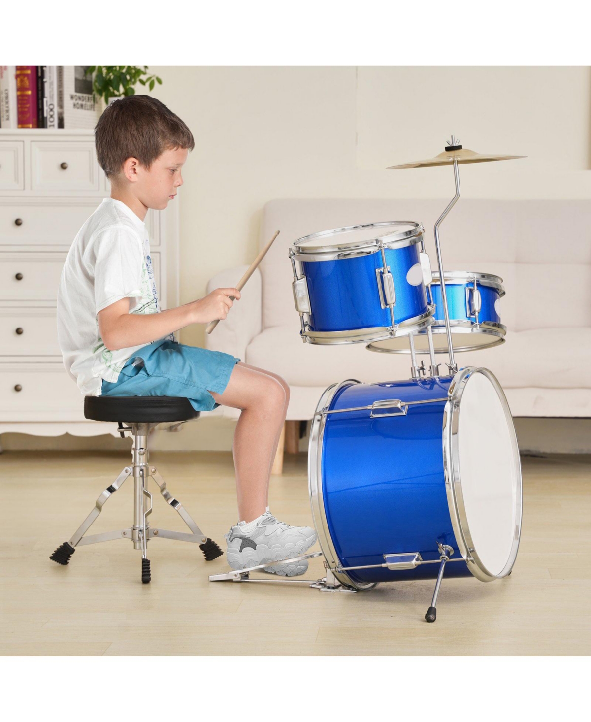 Sugift Kids Drum Set 3-Piece 14" Beginner Kit with Throne Pedal Sticks Blue