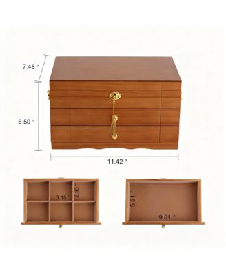 Wooden Jewelry Box with 2 Drawers, Lock & Key, Multiple Compartments