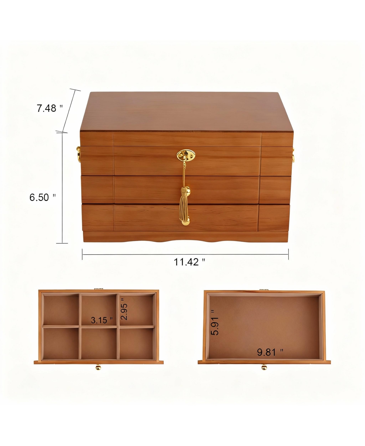 Yigii Wooden Jewelry Box with 2 Drawers, Lock & Key, Multiple Compartments