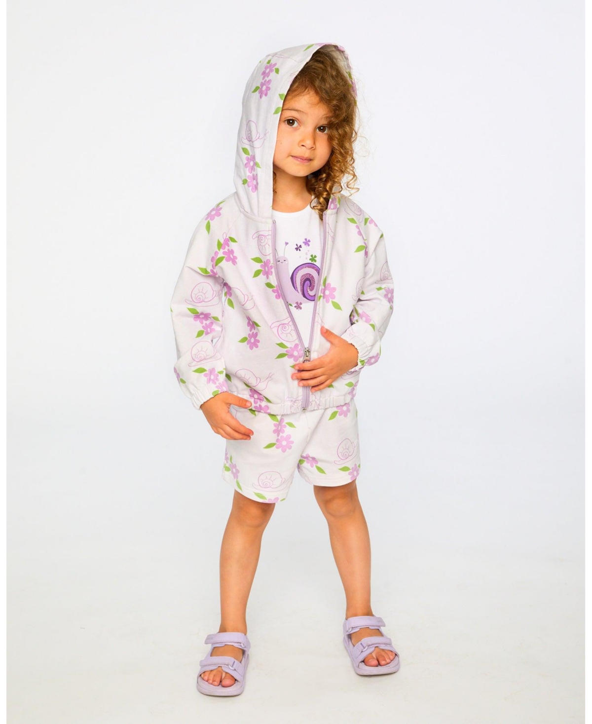 Draft - Deux par Baby Girls French Terry Hooded Cardigan Lilac Snails Print