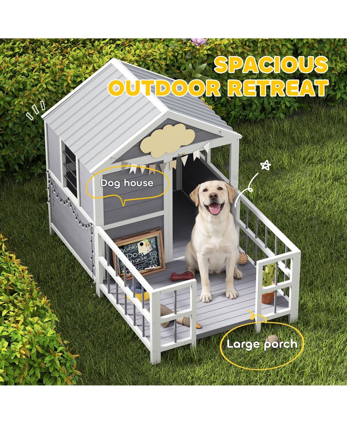 PawHut Dog House Outdoor, 61"L Wooden Dog Shelter with Porch