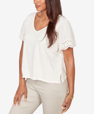 Plus Size Eyelet Poplin-Sleeve Slub Knit Top