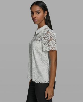 Women's Short-Sleeve Floral Lace Woven Blouse