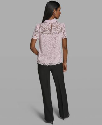 Women's Short-Sleeve Floral Lace Woven Blouse