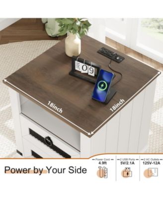 Industrial Farmhouse End Table with Charging Station, 2 Drawer Bedside Nightstand with Open Cubby
