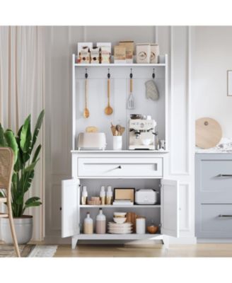 63" Pantry Cabinet, Kitchen Storage with Charging Station, Coffee Bar Table with Drawer, Hooks & Adjustable Shelves for Living Room