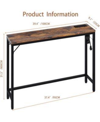 Console Table with Outlet & USB Ports, Narrow Sofa Table, Industrial Entryway Table with Charging Station