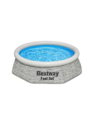 8' x 24" Round Inflatable Outdoor Swimming Pool with Filter Pump, Gray