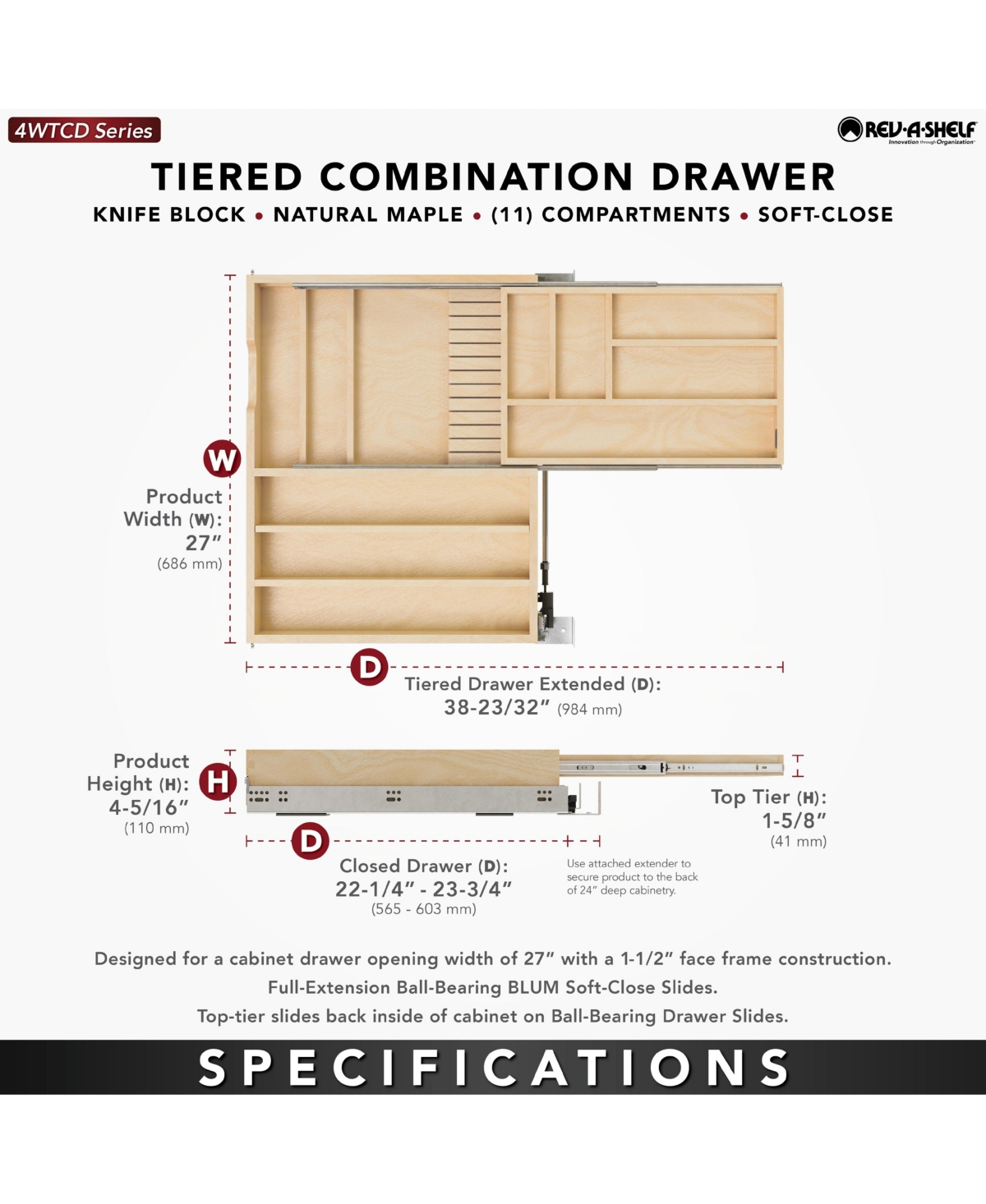 Rev-a-Shelf 27'' Tiered Cutlery Drawer Organizer with Soft-Close, 4WTCD-30HSC-1