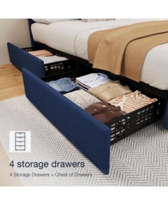 Bed Frame with 4 Storage Drawers, Linen Upholstered Platform Bed Frame with Adjustable Headboard