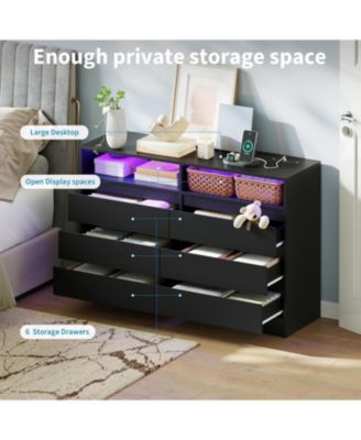 Modern 4 Drawer Dresser with LED Light and Charging Station, White Storage Chest with Power Outlet, Accent Double Dresser for Bedroom Living