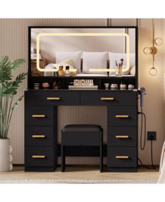 42" LED Makeup Vanity Desk with Large Mirror, 8 Drawers & Charging Station, Modern Dressing Table with Glass Top, Storage Stool