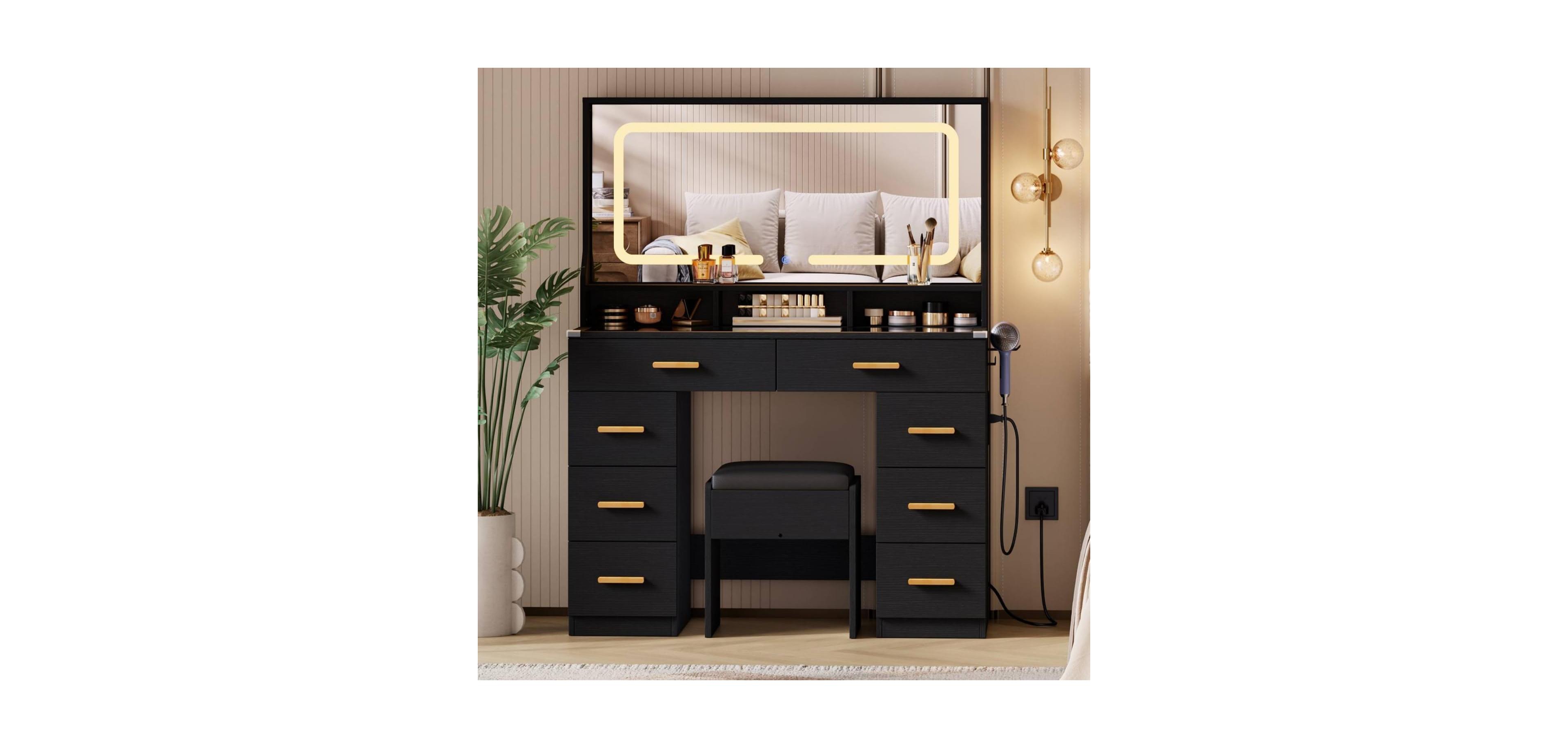 gaomon 42" Led Makeup Vanity Desk with Large Mirror, 8 Drawers & Charging Station, Modern Dressing Table Glass Top, Storage Stool