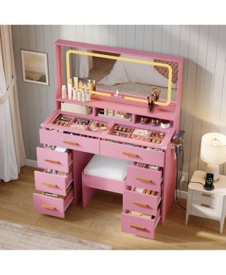 42" LED Makeup Vanity Desk with Large Mirror, 8 Drawers & Charging Station, Modern Dressing Table with Glass Top, Storage Stool