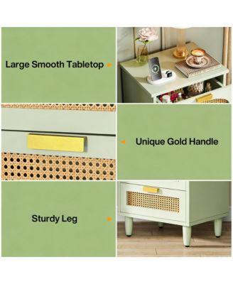 Rattan Nightstand, Mint Green 3-Drawer Bedside Table, Wooden End Table for Bedroom, Living Room